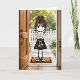 Carte Fille en bonhomme allumette d'anniversaire avec bo