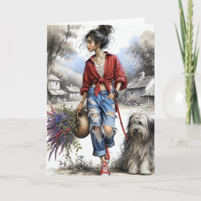 Carte Fille et chien avec panier à fleurs (Devant)