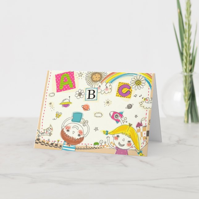 Carte Fille et garçon jouant près du tableau noir (Devant)