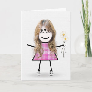 Carte Fille Gingham Anniversaire avec des Pâquerettes