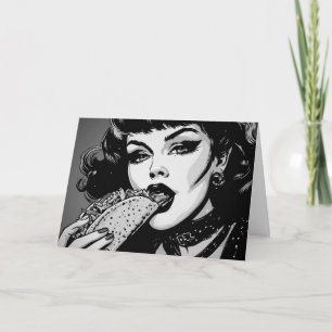 Carte Fille gothique de style graphique BW 50s mangeant