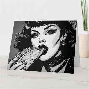 Carte Fille gothique de style graphique BW 50s mangeant