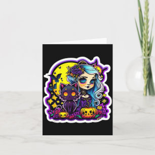 Carte Fille gothique pastel chat noir Halloween Art