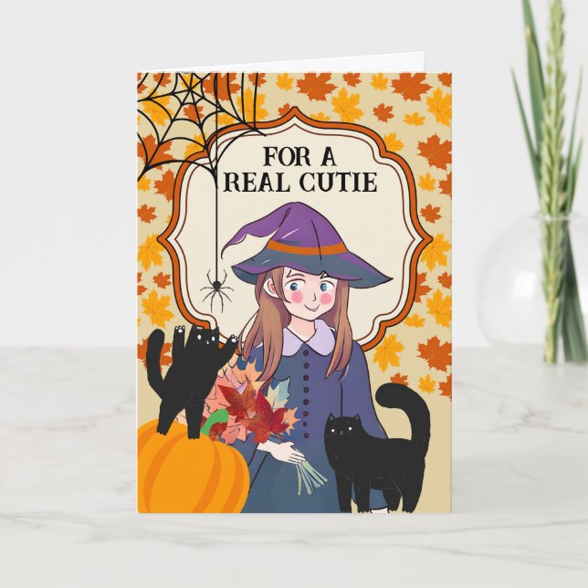 Carte Fille Halloween jolie sorcière et chats (Devant)