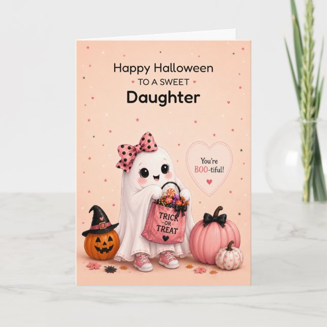 Carte Fille Halloween Mignon Fantôme Demande des friandi (Devant)