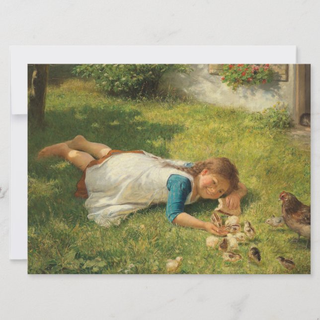 Carte Fille Jouer avec des poules (poule et poulet) (Devant)