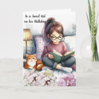 Fille Lecture Livres et Chat Anniversaire
