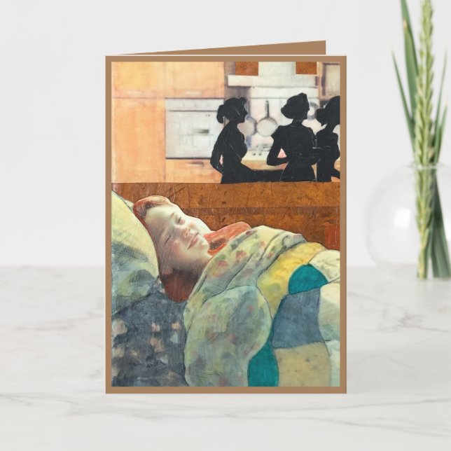 Carte fille malade heureuse au lit soignée, va bien (Devant)