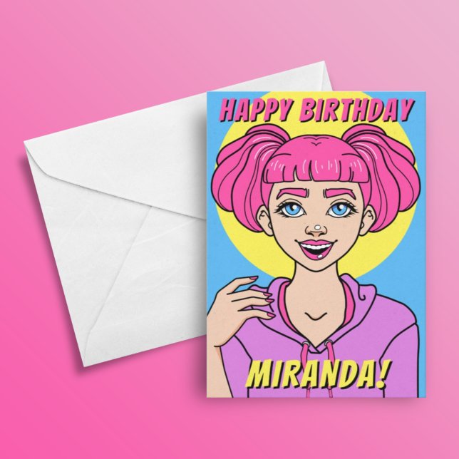 Carte Fille mignonne Ado des cheveux roses Anniversaire (Créateur téléchargé)