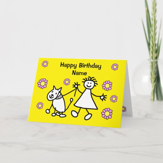 Carte Fille Mignonne Anniversaire promenant son chien (Devant)