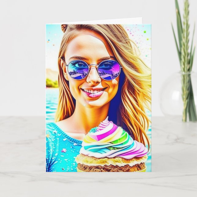 Carte Fille mignonne avec lunettes de soleil tenant Cupc (Devant)
