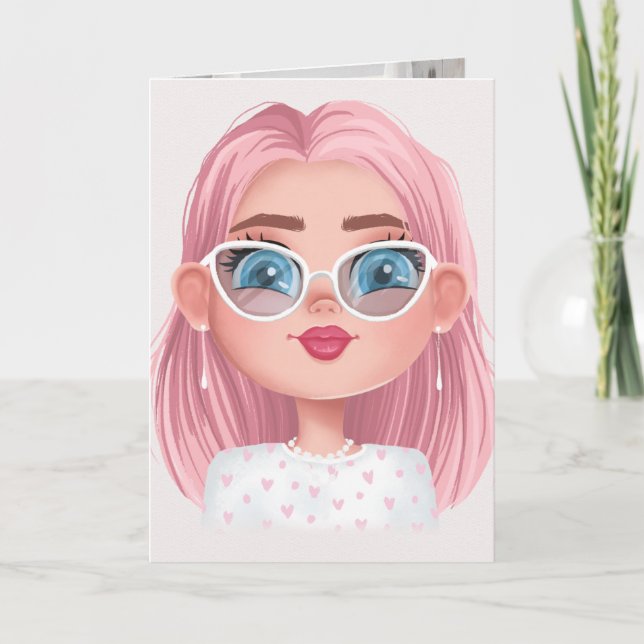 Carte fille mignonne avec un anniversaire de cheveux ros (Devant)