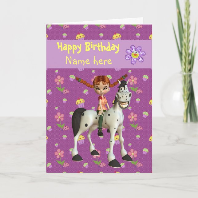 Carte Fille mignonne, Cheval & Fleurs Anniversaire perso (Devant)