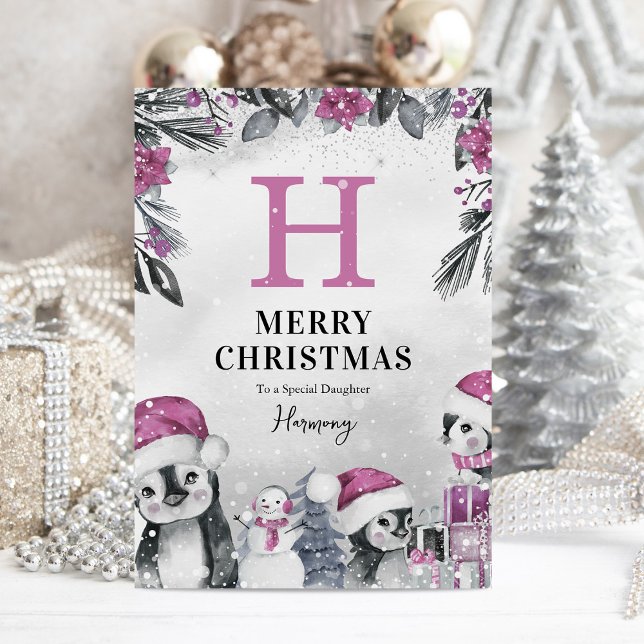 Carte Fille Pingouin Rose mignonne Noël (Créateur téléchargé)