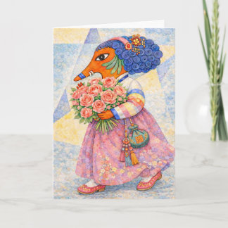 Carte Fille renard romantique en hanbok avec des roses