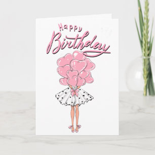Carte Fille rose avec ballon de coeur Anniversaire