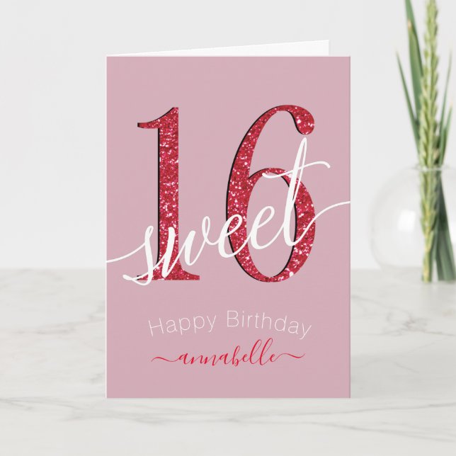 Carte Fille Rouge Faux parties scintillant Douce 16 Anni (Devant)