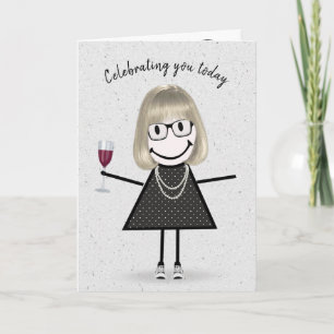 Carte Fille Stick Figure d'anniversaire avec du vin roug