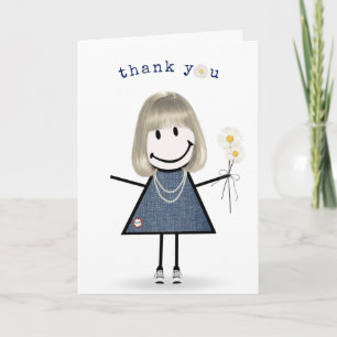 Carte Fille Stick Figure Merci avec des Marguerites