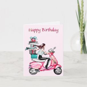Carte Fille sur scooter Joyeux Anniversaire