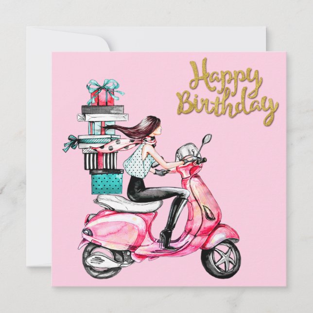 Carte Fille sur scooter transportant Présents (Devant)