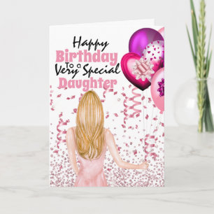 Carte Fille tenant des ballons roses confetti anniversai