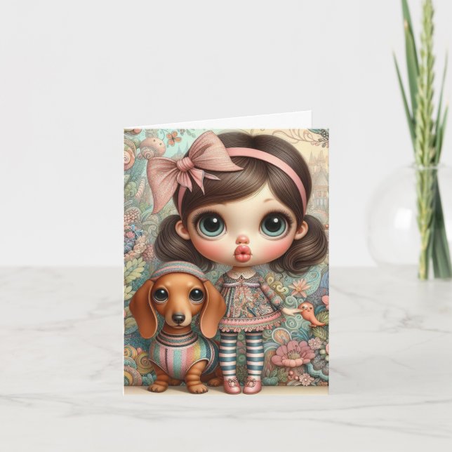 Carte Fille Whimsical avec Dachshund (Devant)