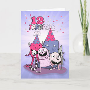 Carte Filles 12e anniversaire rose n mauve monstres de d