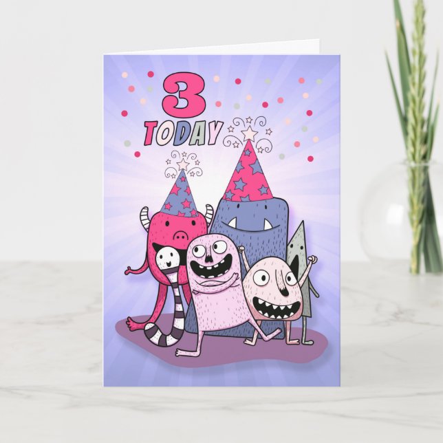 Carte Filles 3e anniversaire de Monstre rose et pourpre (Devant)