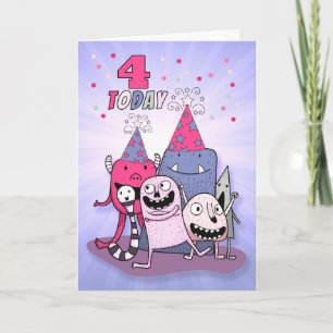 Carte Filles 4e anniversaire rose n mauve monstres de de