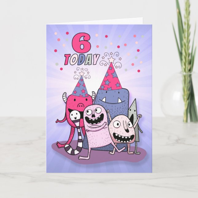 Carte Filles 6e anniversaire rose n mauve monstres de de (Devant)