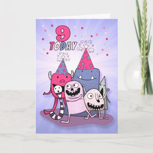 Carte Filles 9e anniversaire de Monstre rose et pourpre (Devant)