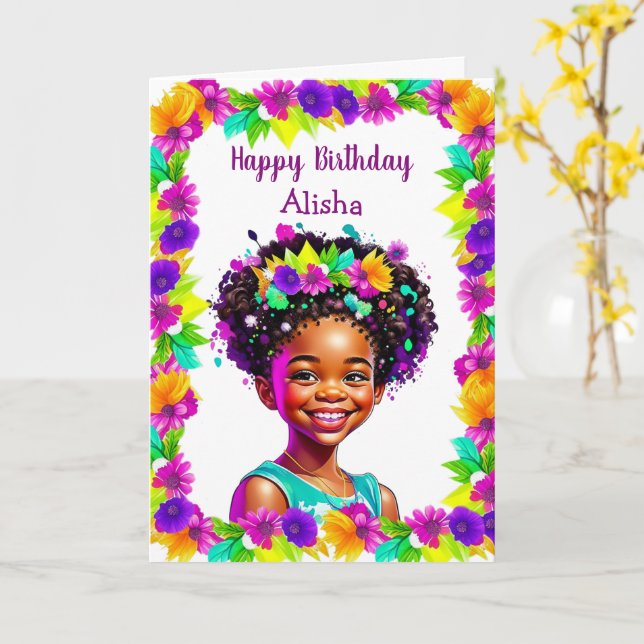 Carte Filles afro-américaines Anniversaire personnalisé (Fleur jaune)