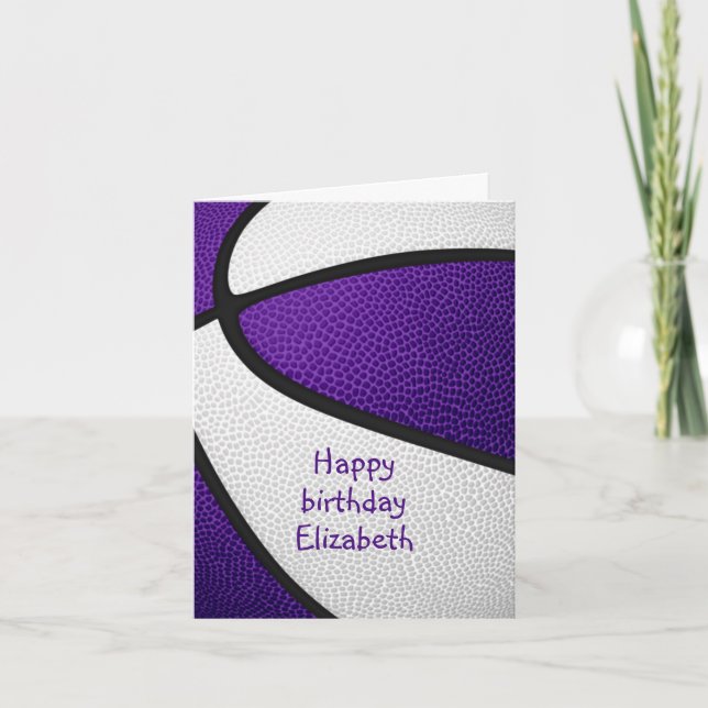Carte filles violet blanc basket heureux anniversaire (Devant)