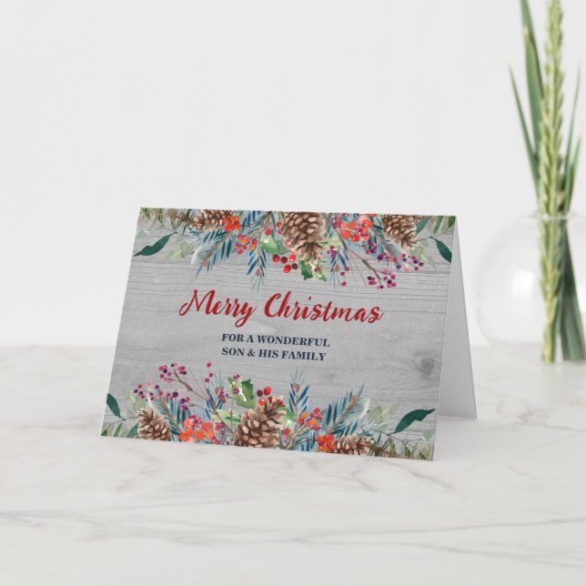Carte Fils floral rustique et famille Joyeux Noël (Devant)