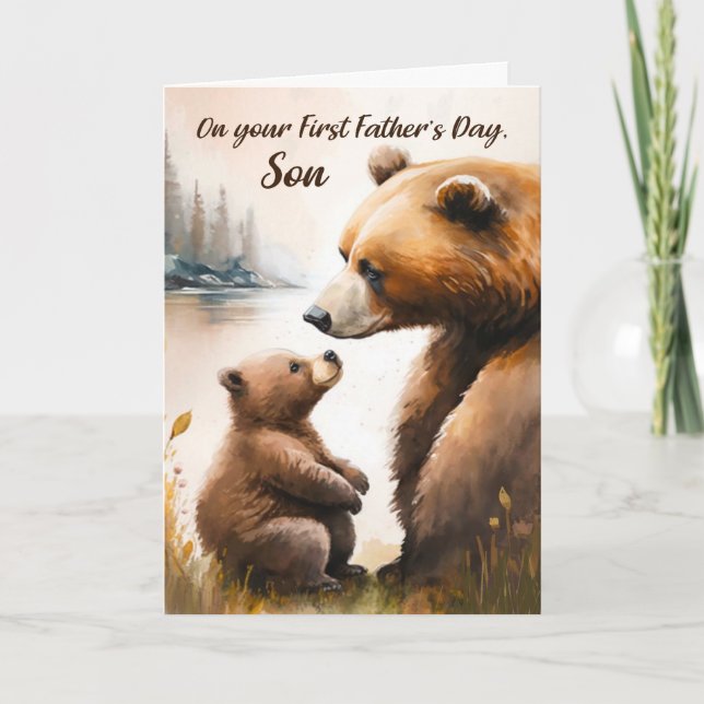 Carte Fils première Fête des pères Papa et bébé ours à l (Devant)
