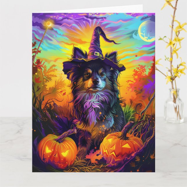 Carte Finlandais Lapphund Chien Halloween sorcière et Ci (Fleur jaune)
