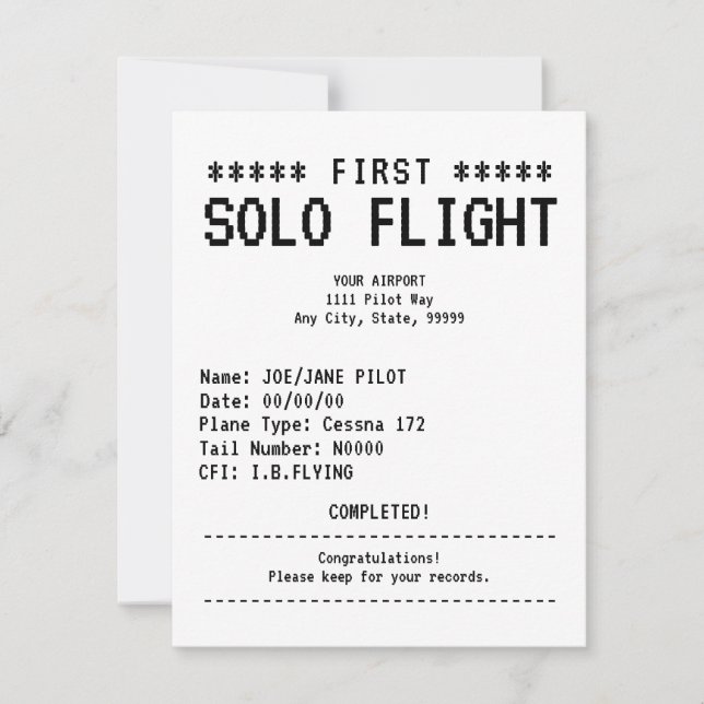 Carte First Solo Flight Congratulations Flat Card (Devant)