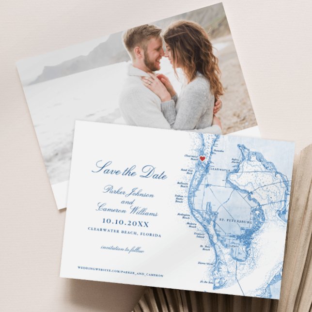 Carte FL de Clearwater Beach Elégant Mariage bleu  (Clearwater Beach FL Map Wedding Save the Date in Elegant Navy Blue from Coastal Map Designs)