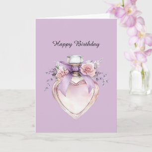 Carte Flacon de parfum violet noeud fleurs roses Anniver