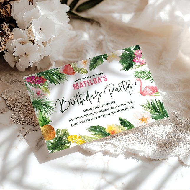 Carte flamant jaune rose fleuri tropical élégant (Créateur téléchargé)