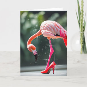 Carte Flamant rose Avec Chaussure Rouge Haut Talon