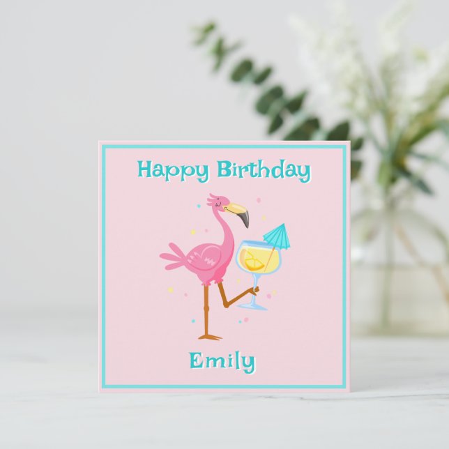 Carte Flamant rose avec Cocktail (Debout devant)