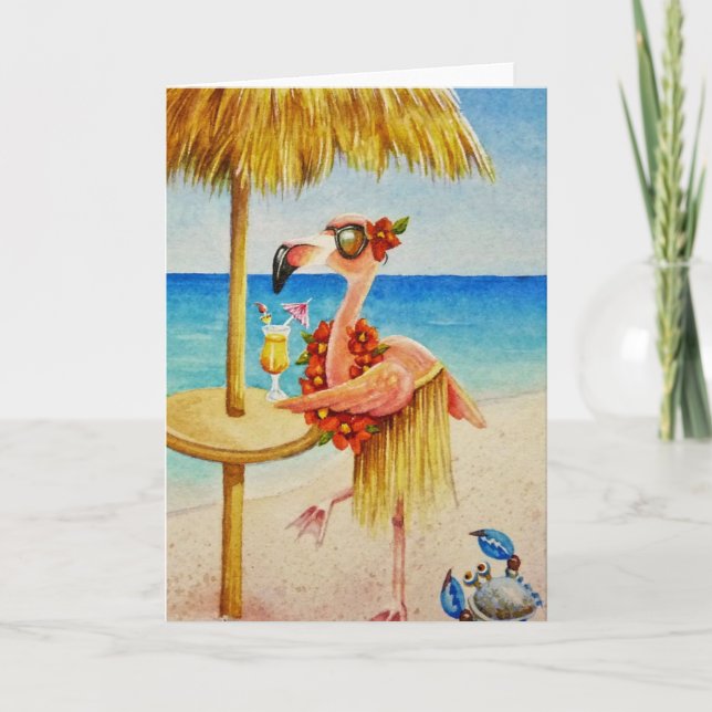 Carte Flamant rose blanc rose no 4 Aquarelle Art (Devant)