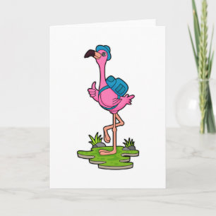 Carte Flamant rose comme randonneur avec sac à dos