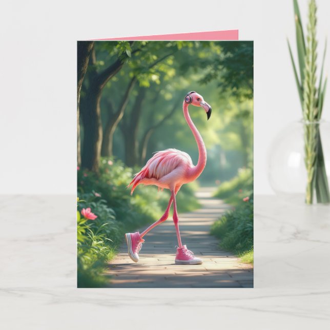 Carte Flamant rose d'anniversaire avec casque et Basket (Devant)