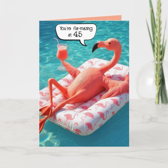 Carte Flamant rose d'anniversaire flottant dans une pisc (Devant)