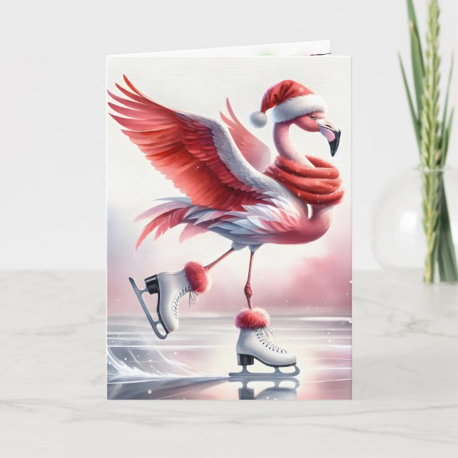 Carte Flamant rose de Noël Patinage sur glace (Devant)
