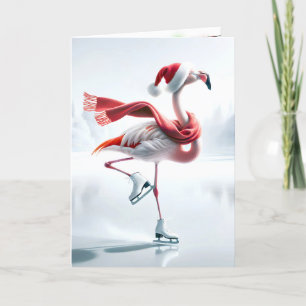 Carte Flamant rose de Noël Patinage sur glace