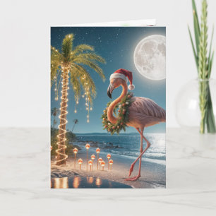 Carte Flamant rose de Noël portant un chapeau de Père No